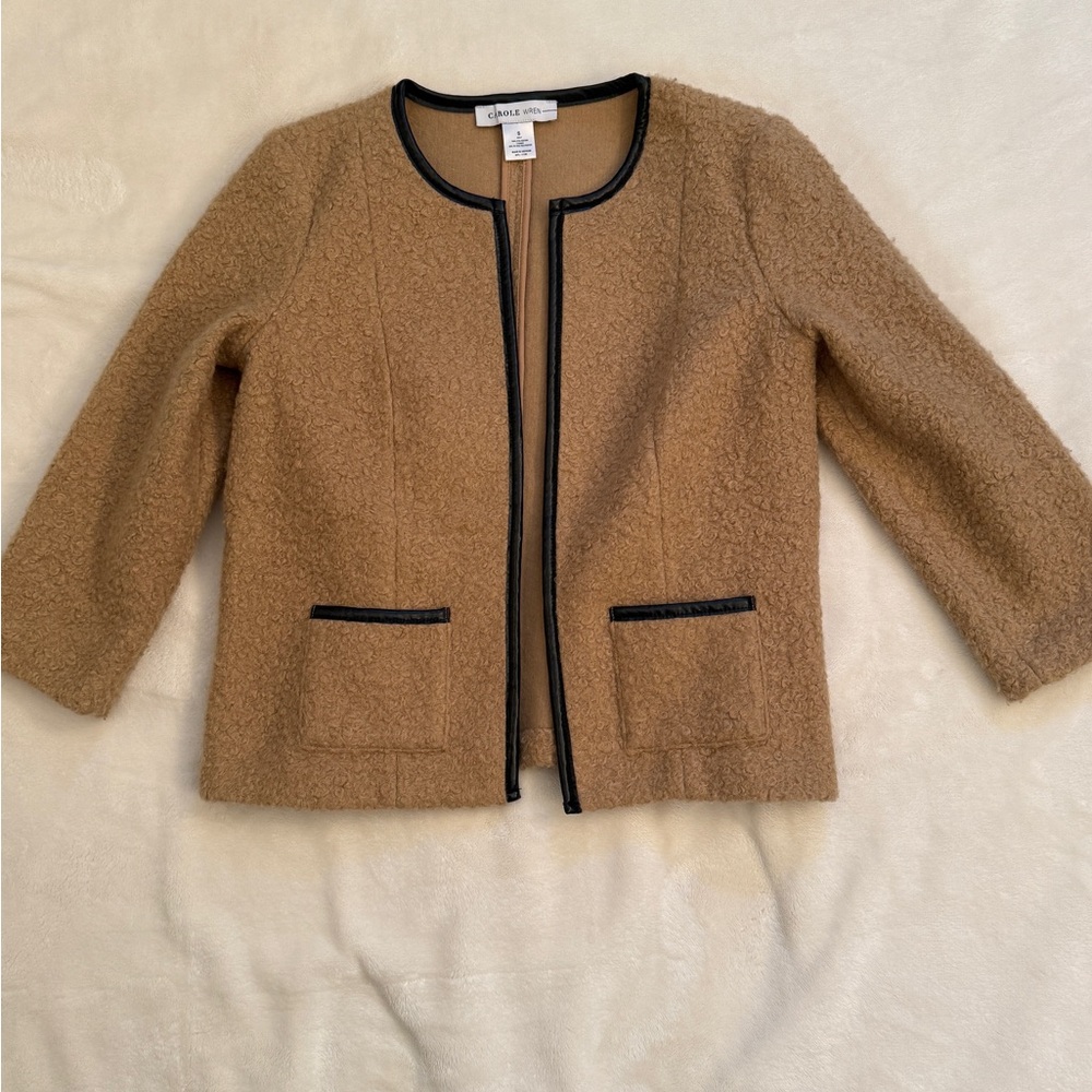 Carole Wren Tan Sherpa Bouclé Knit Blazer Jacket Black Piping Small